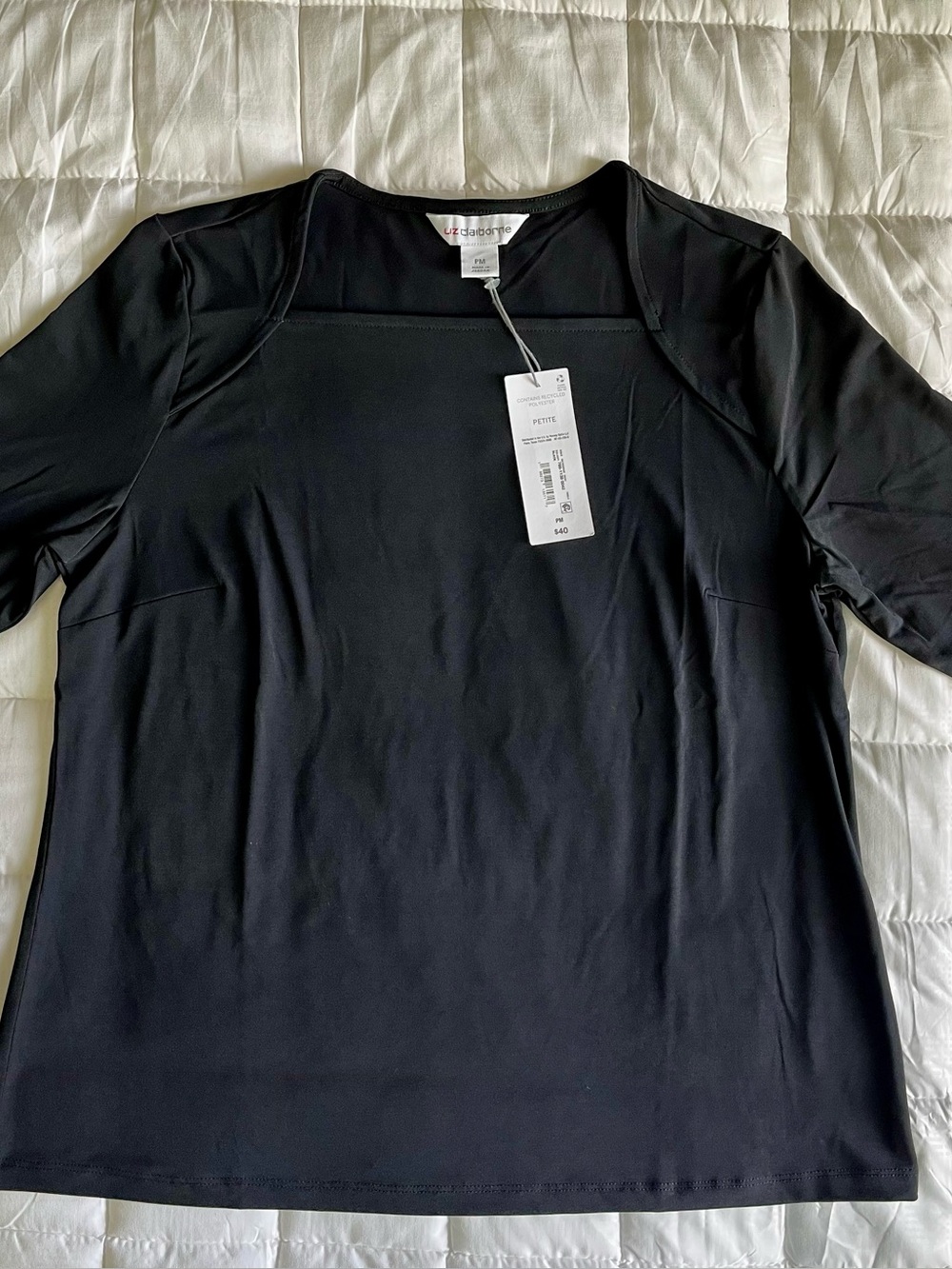 Liz Claiborne Black 3/4 Sleeve Square -neck  Petite Top NWT